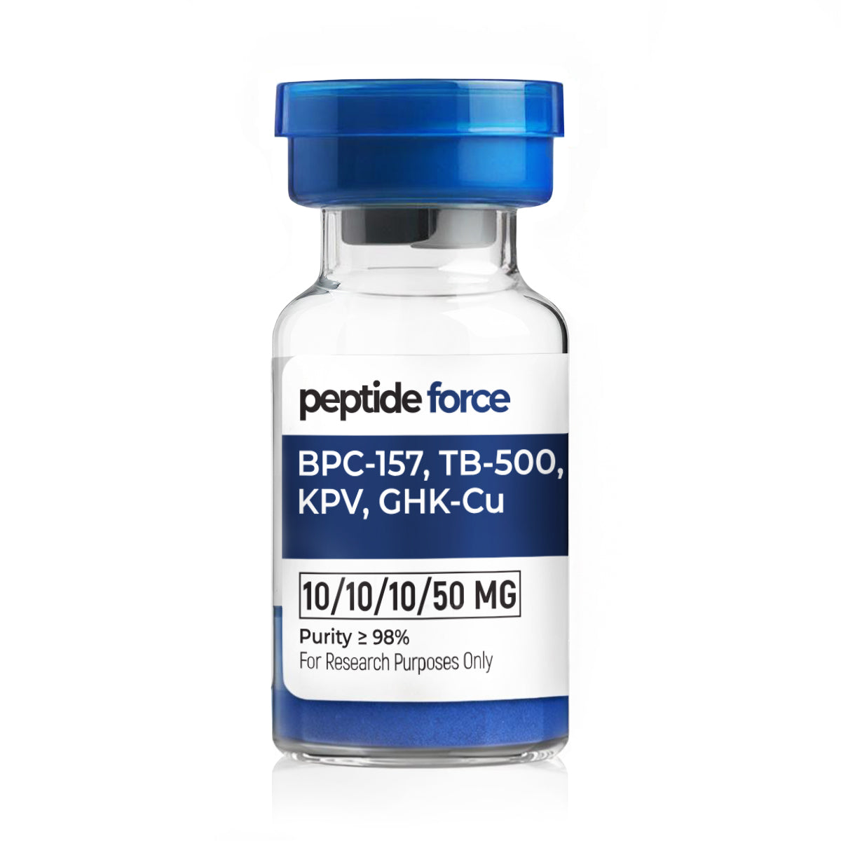 BPC-157 (10mg) + TB-500 (10mg) + KPV (10mg) + GHK-Cu (50mg) – лиофилизиран пептид, флакон за изследователски цели