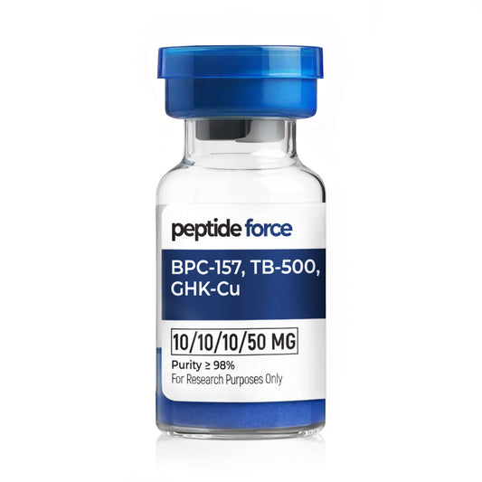 BPC-157 (10mg) + TB-500 (10mg) + KPV (10mg) + GHK-Cu (50mg) – лиофилизиран пептид, флакон за изследователски цели